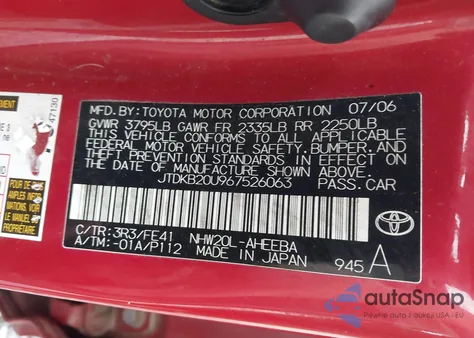 2006 Toyota Prius from USA, damaged, VIN JTDKB20U967526063